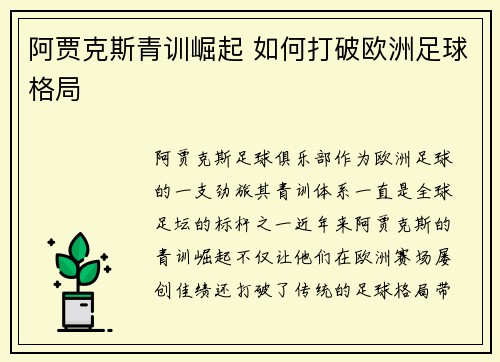 阿贾克斯青训崛起 如何打破欧洲足球格局