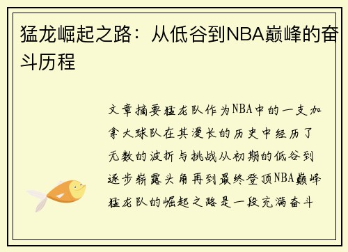 猛龙崛起之路：从低谷到NBA巅峰的奋斗历程