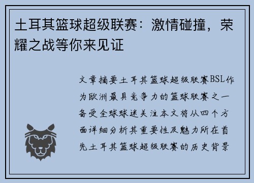 土耳其篮球超级联赛：激情碰撞，荣耀之战等你来见证